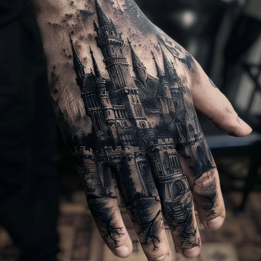 Hand tattoo with gothic castle, Gerald Brom style