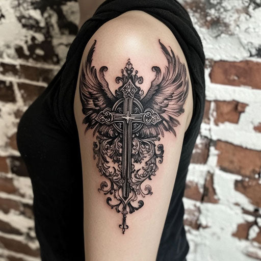 Quarter sleeve tattoo with gothic cross and wings in David Palumbo style