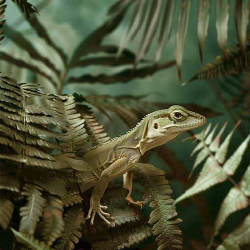 Anole lizard amid ferns, in the style of Simen Johan