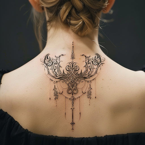 Neck tattoos for women in the style of Peter Jackson with Elvish script