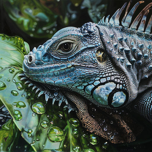 An iguana drinking from a droplet-laden leaf
