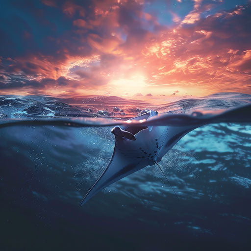 Manta ray swimming gracefully in the ocean at sunset
