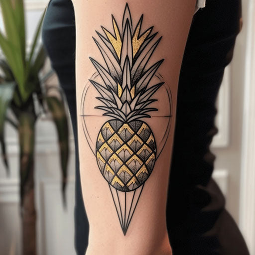 Art Deco-inspired pineapple tattoo with bold geometric lines and elegant gold accents on white canvas