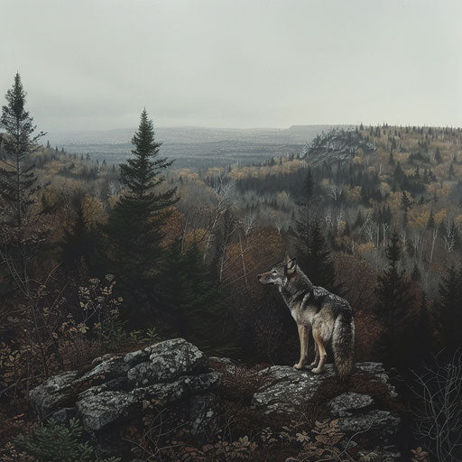 Wildlife in the rugged terrain of the Porcupine Mountains, in the style of Corey Arnold