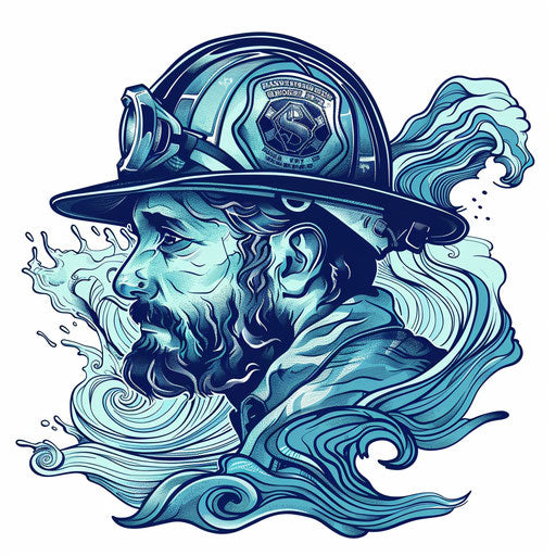 Firefighter at harbor fire in nautical tattoo flat style