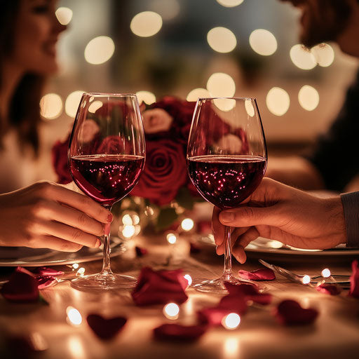 Romantic scene with couple, heart-shaped lights and roses