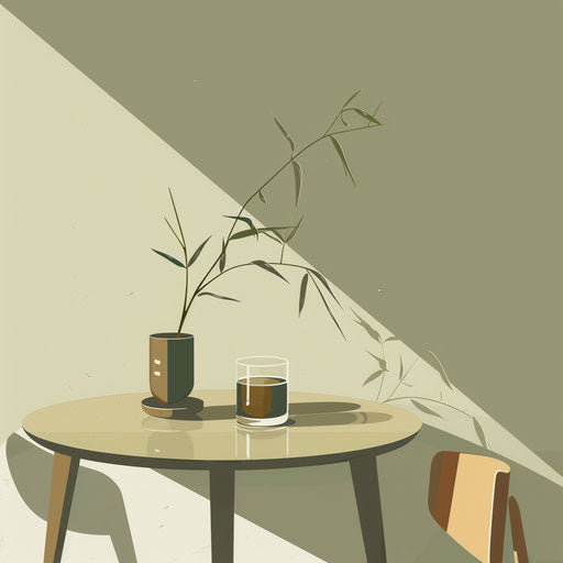 Realistic table clipart with flat, muted olive background, emphasizing soft gradients and refined linework