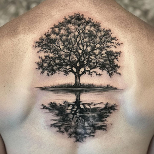 Tree tattoos for men with a tree reflecting in a serene lake