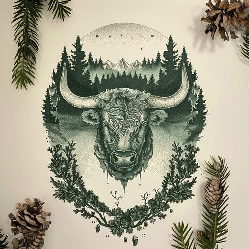 Flat tattoo sketch of Taurus zodiac sign in forest