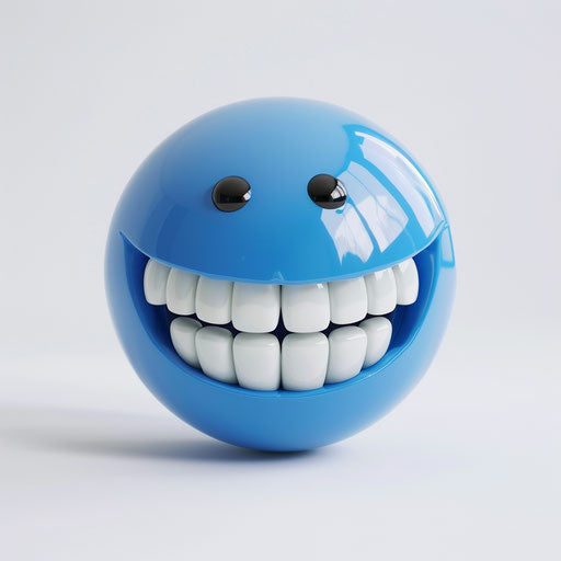 Blue smiley face with white teeth on pure white background