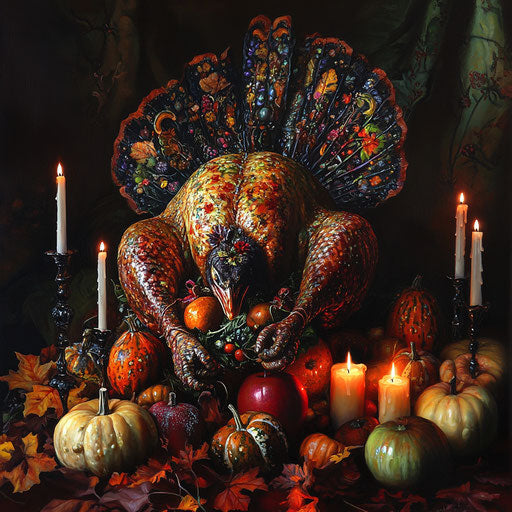 Artistic still life of a stuffed turkey with fall colors