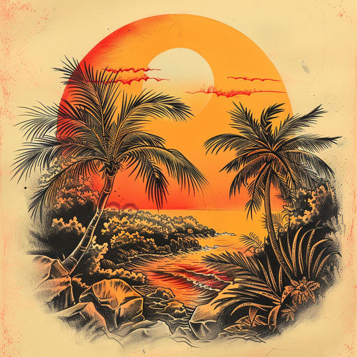 Exotic tattoo sketch of a tropical scene with sunset
