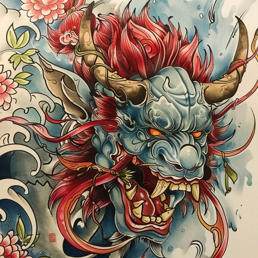 Japanese demon tattoo with rich color and detail on canvas