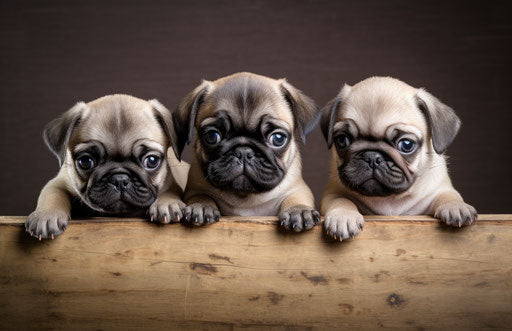 small pug puppies looking out from a wooden board
