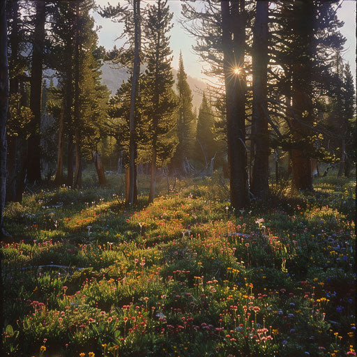 Whitebark pine forest at dawn, long shadows over carpet of wildflowers