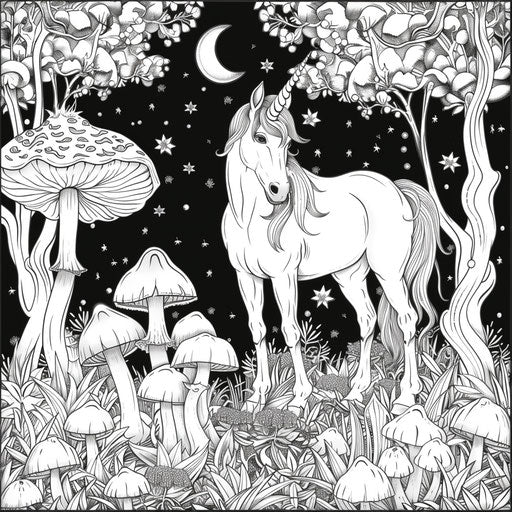 Charming unicorn in a whimsical forest with glowing mushrooms