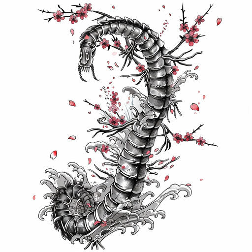 Japanese style centipede tattoo with waves and cherry blossoms on white background