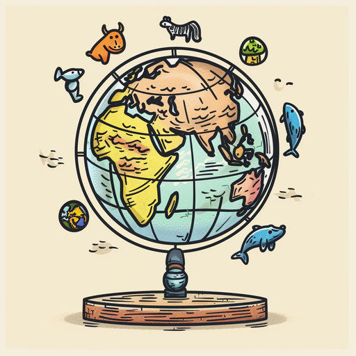 Whimsical flat tattoo sketch of a globe with animal icons representing continents