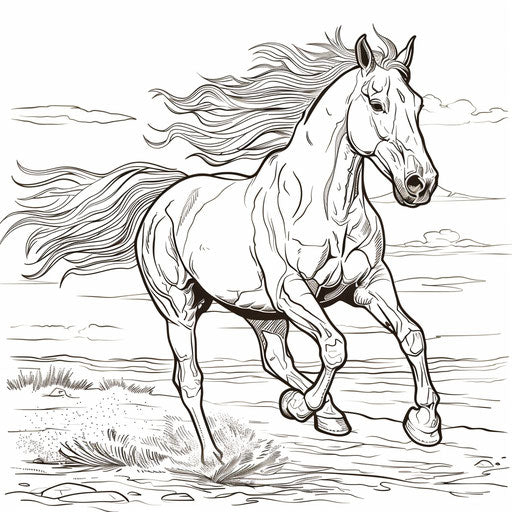 A horse galloping with flowing mane in the wind. Coloring page