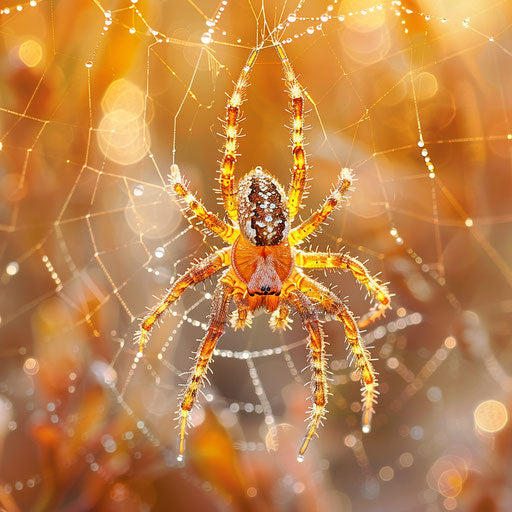 Tarantula web with dew in morning light