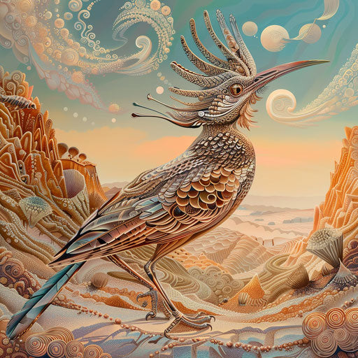 Roadrunner bird in artistic desert landscape with details