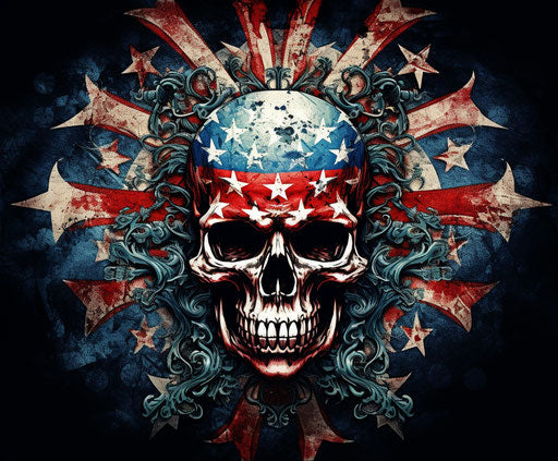 Skull with cross and arrows, swirling vortexes style