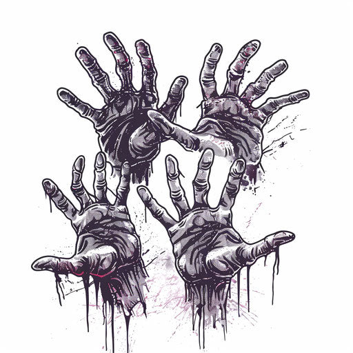 Zombie apocalypse, undead hands reaching out, horror tattoo concept on white backdrop.