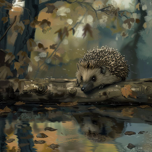 Hedgehog on a log above a serene pond