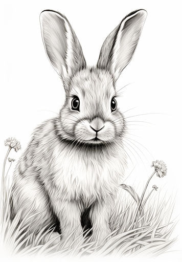 Black and white drawings of a rabbit, delicate coloring, captivating