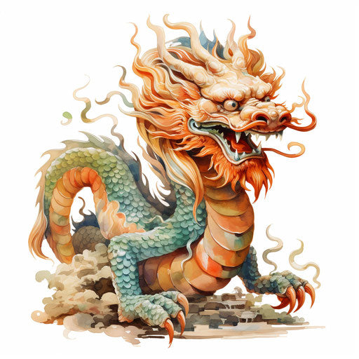 Chinese dragon artwork in the style of Oil painting, on white background