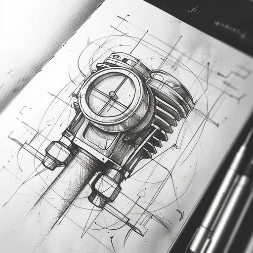 Rustic flat tattoo sketch of a piston with vintage look and hand-drawn feel