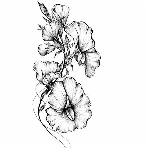 Dynamic tattoo sketch in clipart style featuring blooming sweet pea