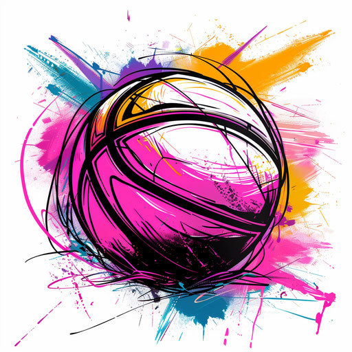 Edgy tattoo sketch of a graffiti-style basketball, flat clipart look, neon spray paint colors