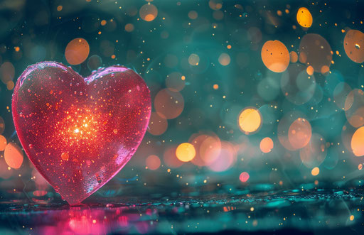 Pink heart with sparkles, personal iconography, dark yellow and dark emerald