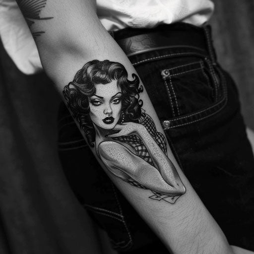 Men's forearm tattoo with pin-up girl, Ed Hardy style