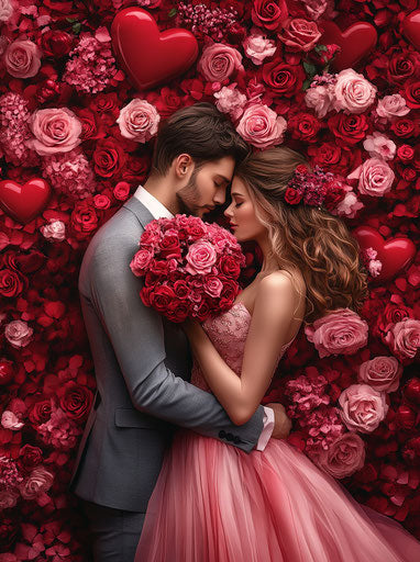 Lovely couple in red and pink, hearts and roses backdrop