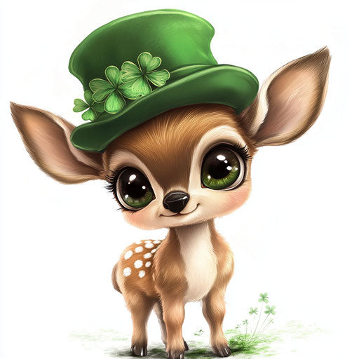 St. Patrick's Day adorable baby deer with big eyes in green hat
