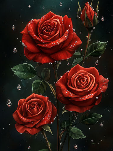 Three red roses with water drops and diamonds