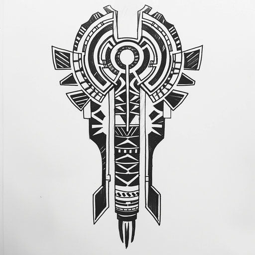 Stylized tattoo sketch of a piston with bold tribal markings