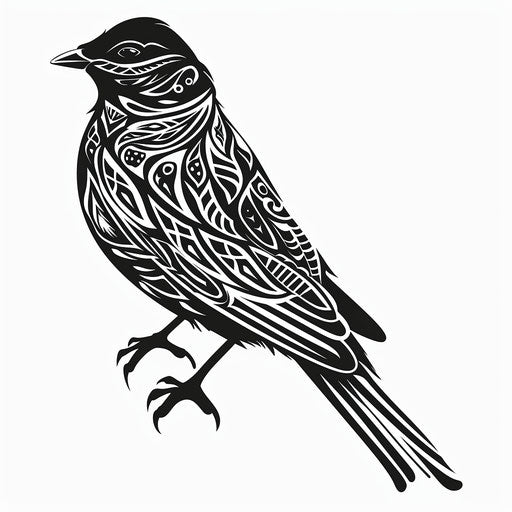 Artistic sketch of a blackbird with intricate tribal patterns