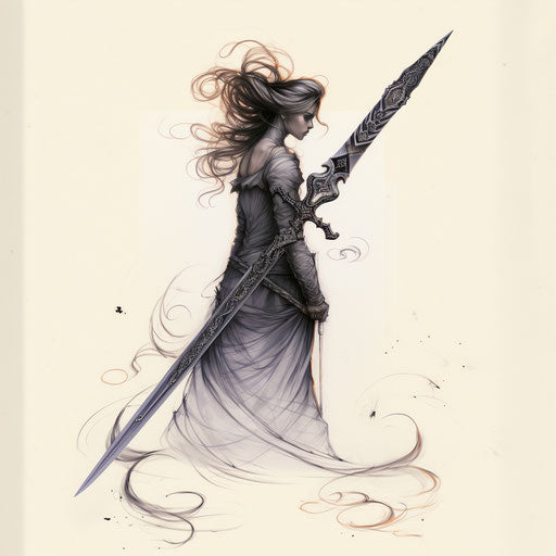 Open back scrolled sword in minimalist linework