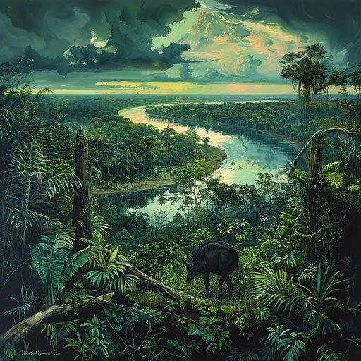 Winding river in rainforest with Baird's tapir emerging