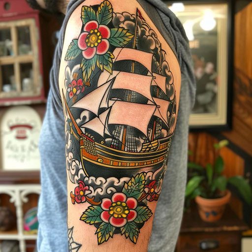 Nautical theme cover up tattoo in the style of Sailor Jerry