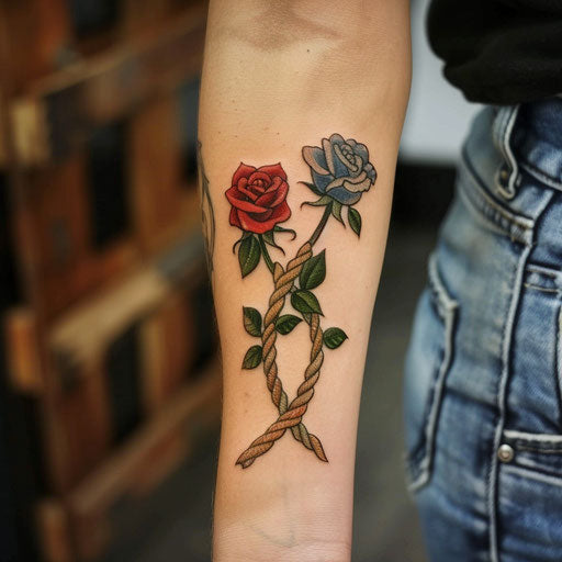 Friendship tattoos in the style of Glenn Fabry with realistic, intertwined roses