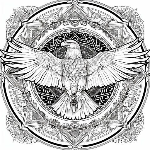 Mandala with an eagle in the center, surrounded by intricate patterns