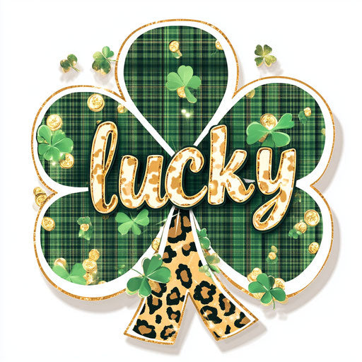 Shiny shamrock with 'lucky' in leopard print and Irish patterns