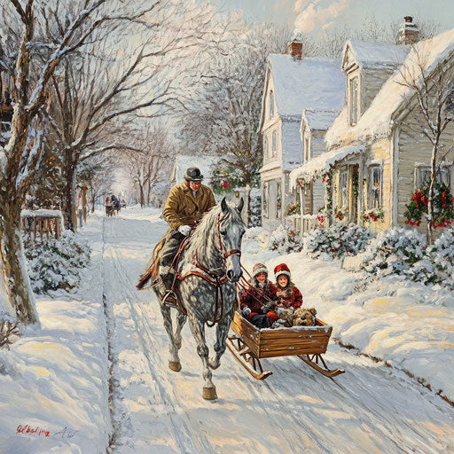 Dapple grey horse pulling family on wooden sled down snowy street