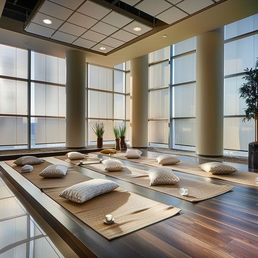 Visualize office with wellness room for meditation and yoga