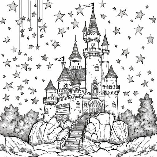 Fantasy castle under a sky full of magical stars. Coloring book page