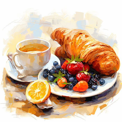Breakfast illustration in the style of Impressionistic Art, on white background